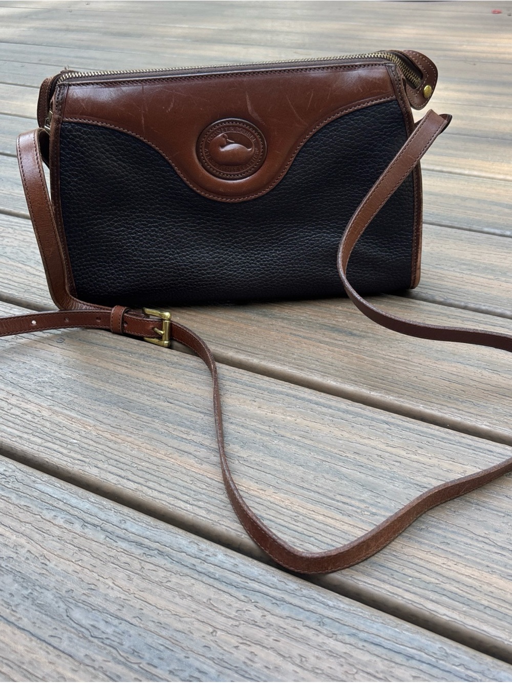 Vintage Dooney & Bourke Dark Brown & Tan Pebbled Leather Crossbody Shoulder Bag